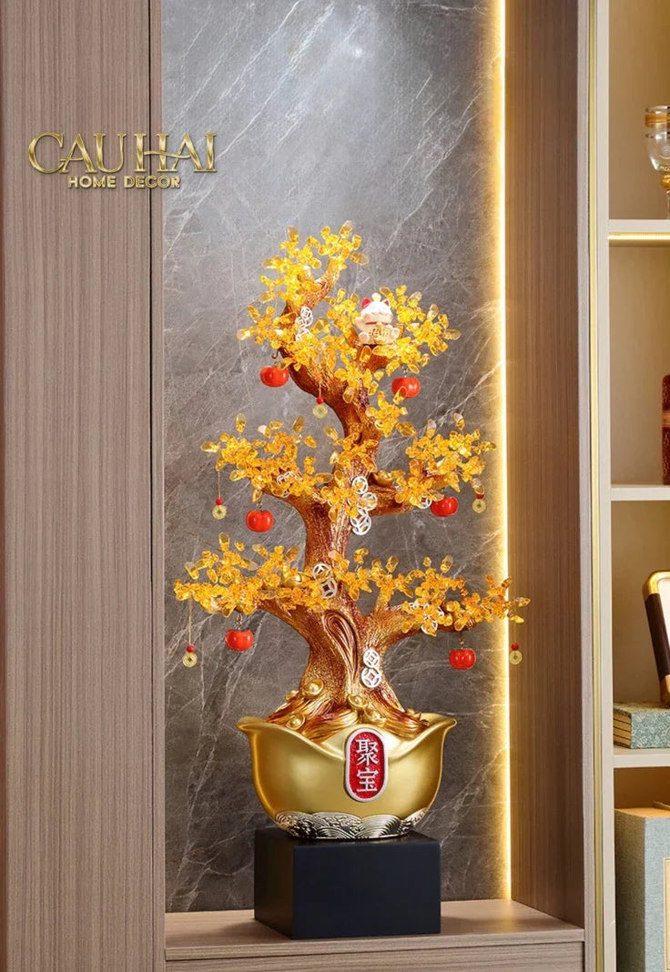 Tượng Cây Hồng Đính Pha Lê Vàng - Đại Tam Nguyên - Jewelry Persimone Forturne Tree 40x93-CẬU HAI HOME DECOR