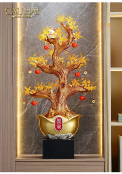 Tượng Cây Hồng Đính Pha Lê Vàng - Đại Tam Nguyên - Jewelry Persimone Forturne Tree 40x93-TƯỢNG TRANG TRÍ-CẬU HAI HOME DECOR