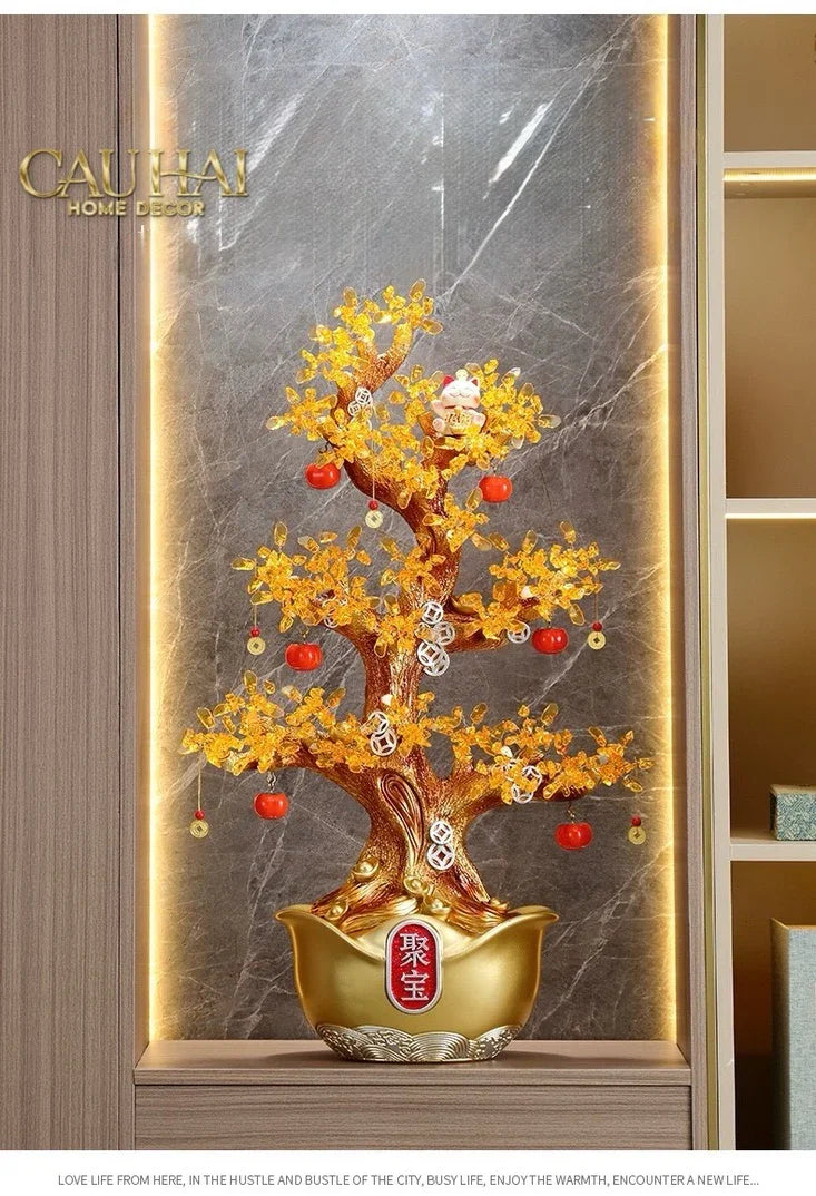 Tượng Cây Hồng Đính Pha Lê Vàng - Đại Tam Nguyên - Jewelry Persimone Forturne Tree 40x93-TƯỢNG TRANG TRÍ-CẬU HAI HOME DECOR