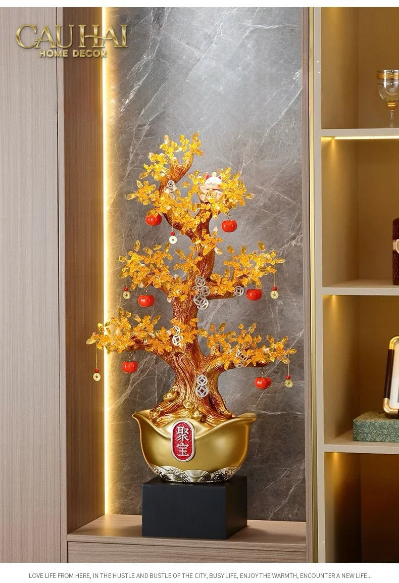 Tượng Cây Hồng Đính Pha Lê Vàng - Đại Tam Nguyên - Jewelry Persimone Forturne Tree 40x93-TƯỢNG TRANG TRÍ-CẬU HAI HOME DECOR