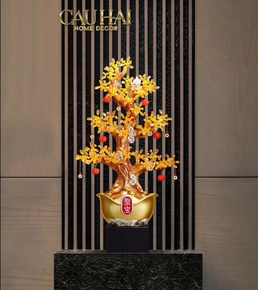Tượng Cây Hồng Đính Pha Lê Vàng - Đại Tam Nguyên - Jewelry Persimone Forturne Tree 40x93-TƯỢNG TRANG TRÍ-CẬU HAI HOME DECOR