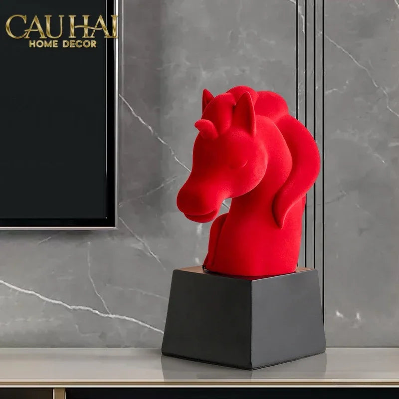 Tượng Đầu Ngựa Trang Trí Nhung Đỏ Tête De Cheval Rouge Velour Armour 29.5-CẬU HAI HOME DECOR