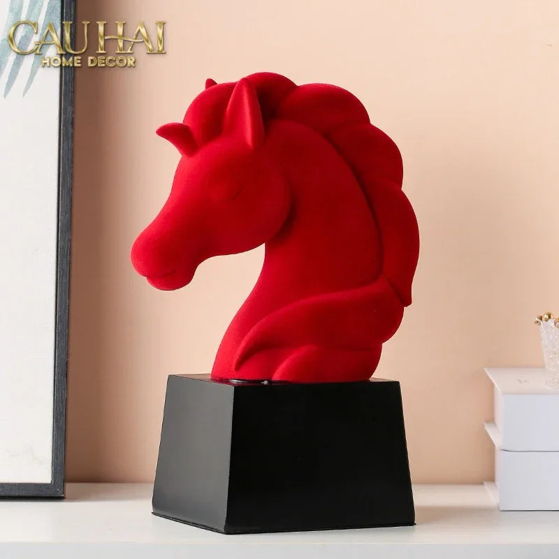 Tượng Đầu Ngựa Trang Trí Nhung Đỏ Tête De Cheval Rouge Velour Armour 29.5-CẬU HAI HOME DECOR