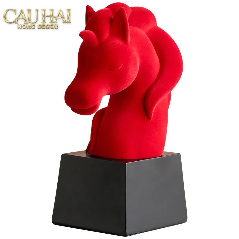 Tượng Đầu Ngựa Trang Trí Nhung Đỏ Tête De Cheval Rouge Velour Armour 29.5-CẬU HAI HOME DECOR