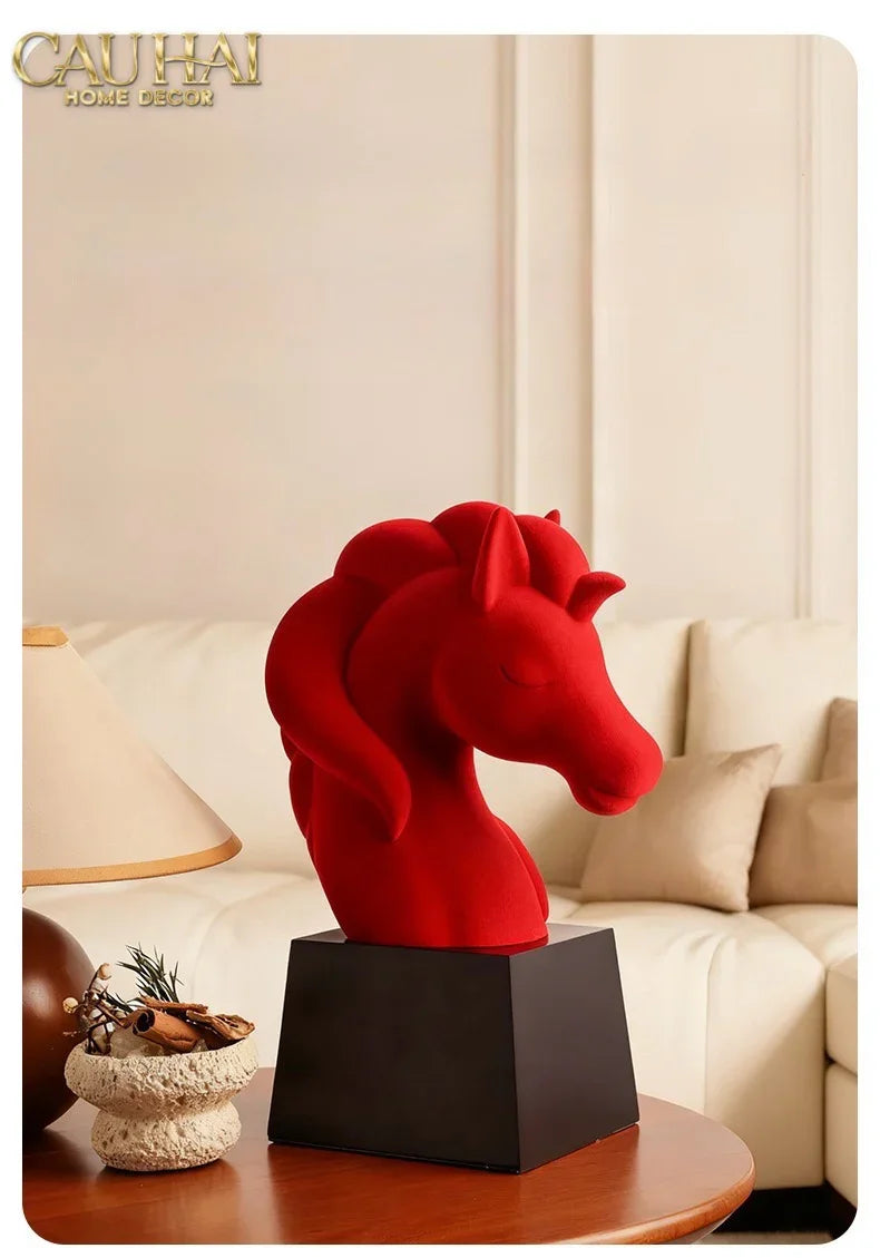 Tượng Đầu Ngựa Trang Trí Nhung Đỏ Tête De Cheval Rouge Velour Armour 29.5-CẬU HAI HOME DECOR