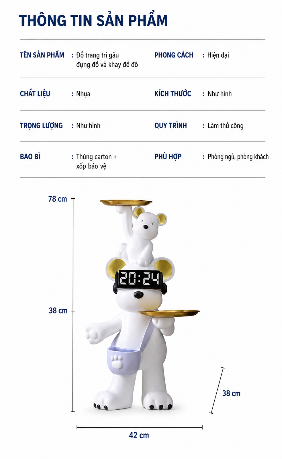 Tượng Gấu Trang Trí Kèm Khay & Đồng Hồ Milo Timekeeper H78-CẬU HAI HOME DECOR