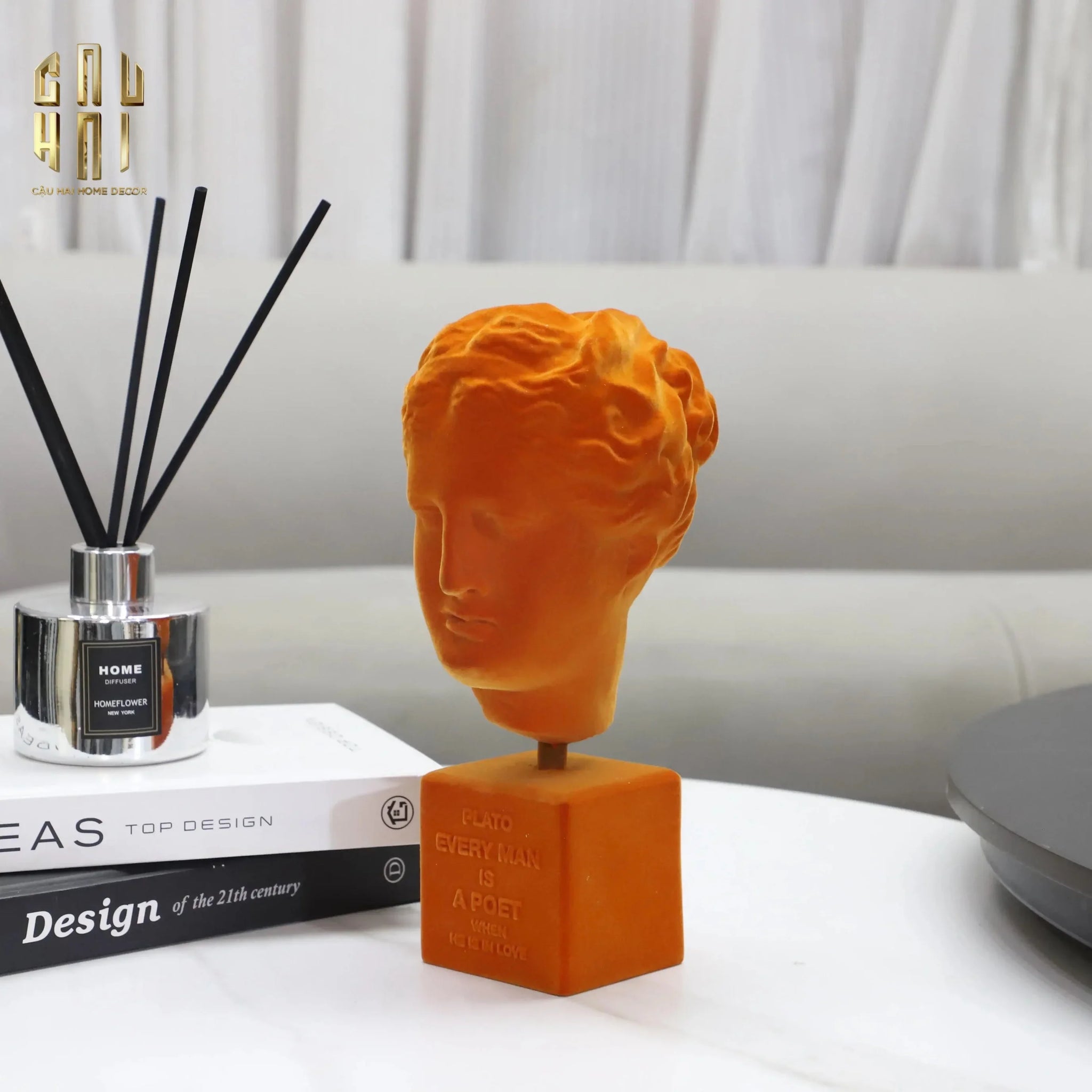 Tượng La Mã Bọc Nhung Ancient Roman Plato Quote Bust - Brick Orange Velvet 9x22-CẬU HAI HOME DECOR