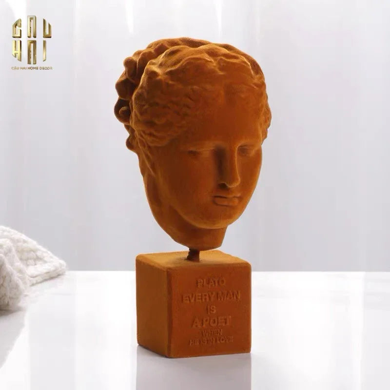 Tượng La Mã Bọc Nhung Ancient Roman Plato Quote Bust - Brick Orange Velvet 9x22-CẬU HAI HOME DECOR