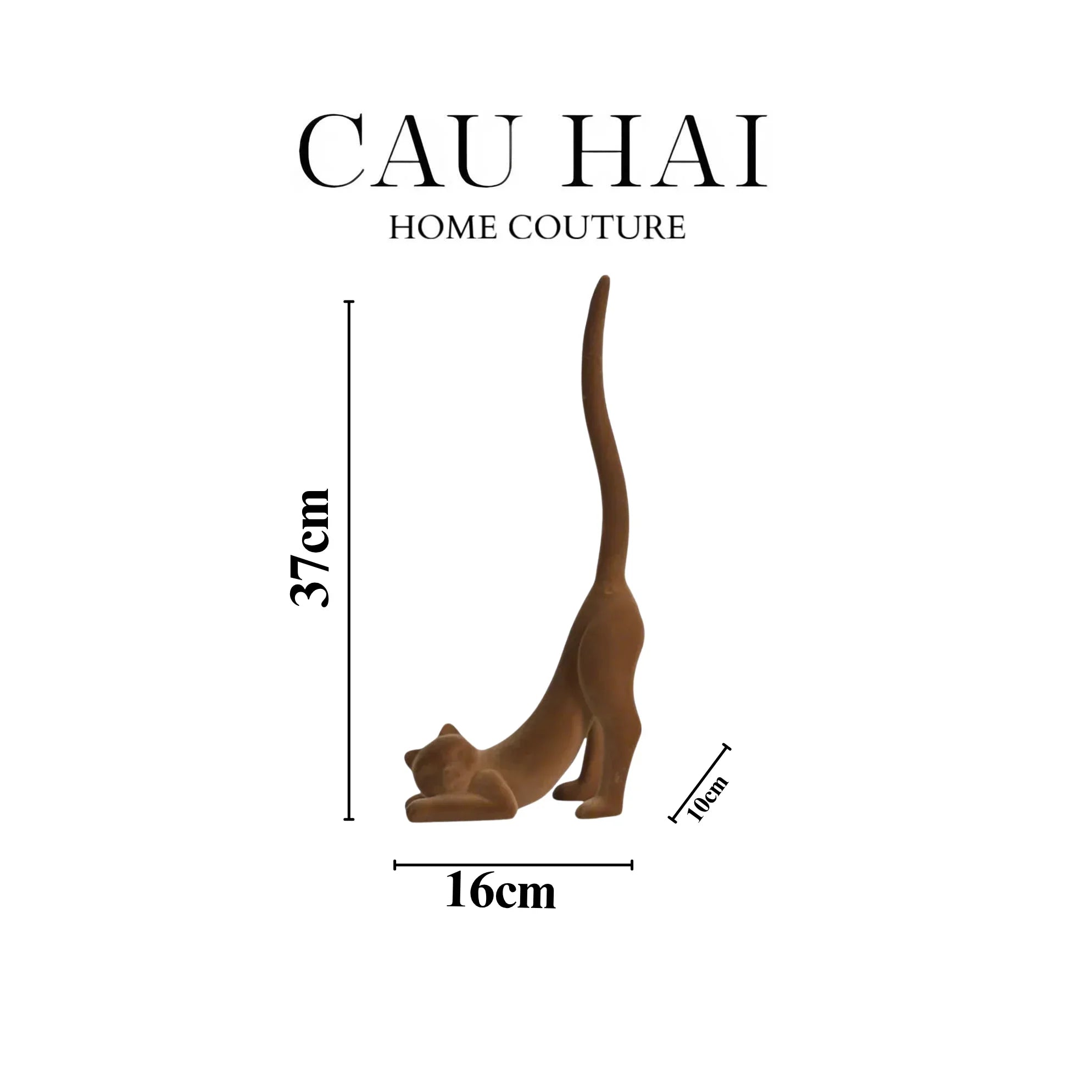 Tượng Mèo Vươn Mình Bọc Nhung Brun Velvet Stretchy Cat 16x37-CẬU HAI HOME DECOR