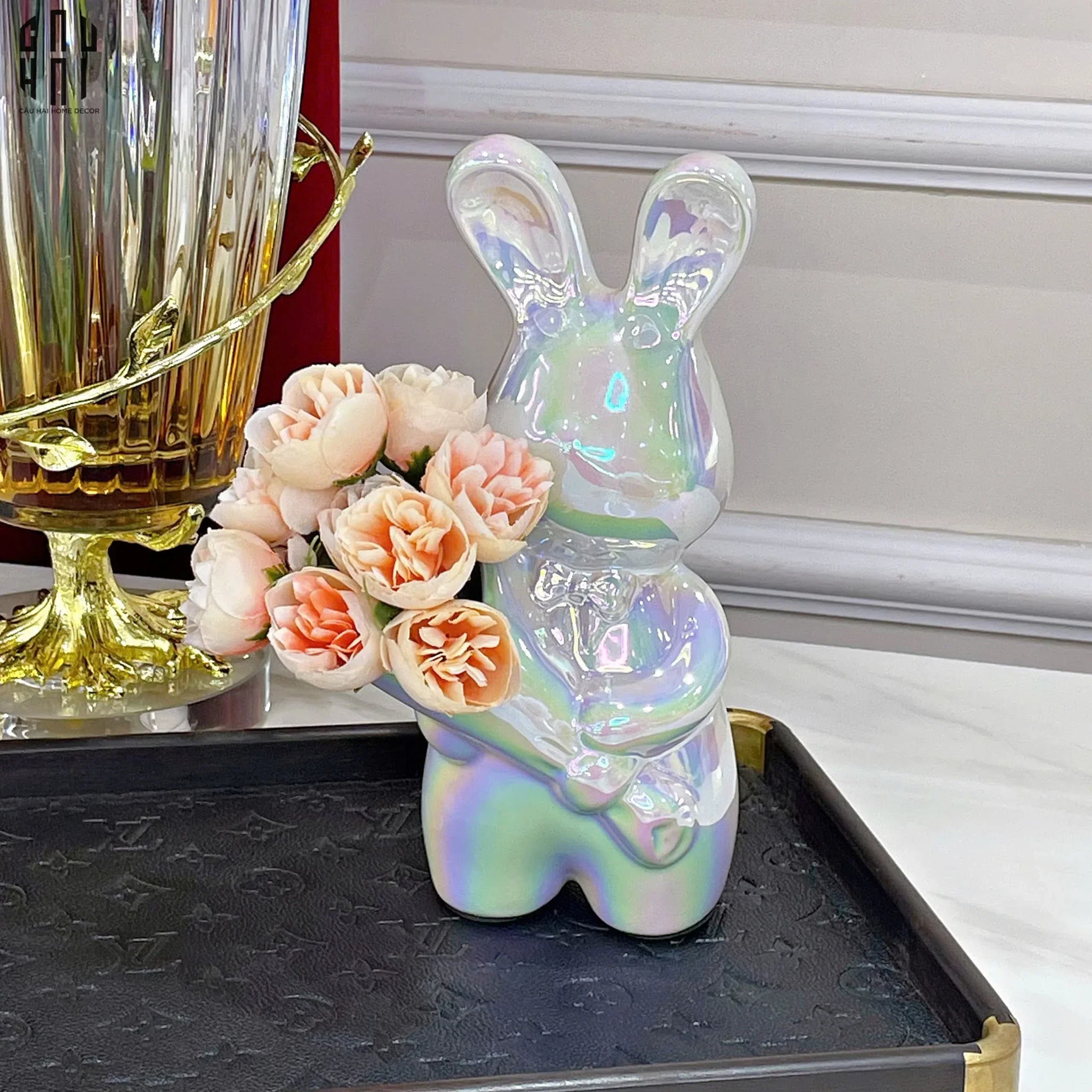 Tượng Romantic Lapin Floral Embrace-CẬU HAI HOME DECOR