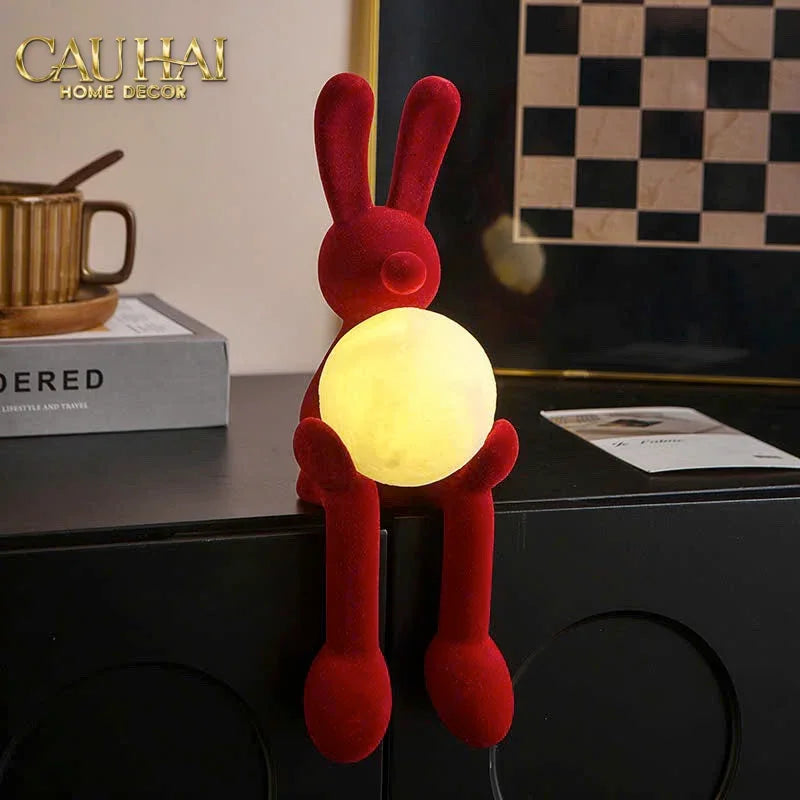 Tượng Thỏ Nhung Đỏ Moonlight Rouge Velour Lapin Sculpture Lamp 8.5x26.5-CẬU HAI HOME DECOR