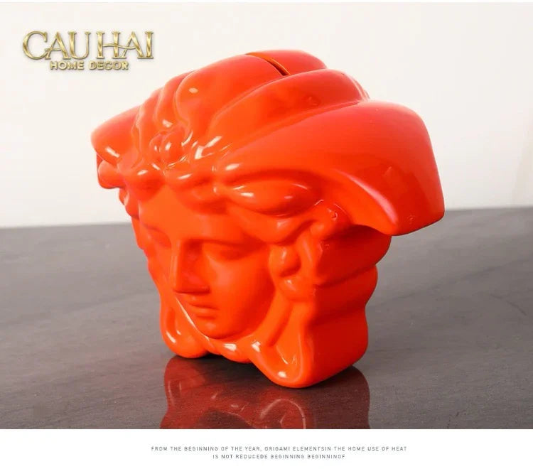 Tượng Trang Trí Đựng Đồng Xu - Couture V Class Money Bank Medusa Signature Orange 18x14-CẬU HAI HOME DECOR