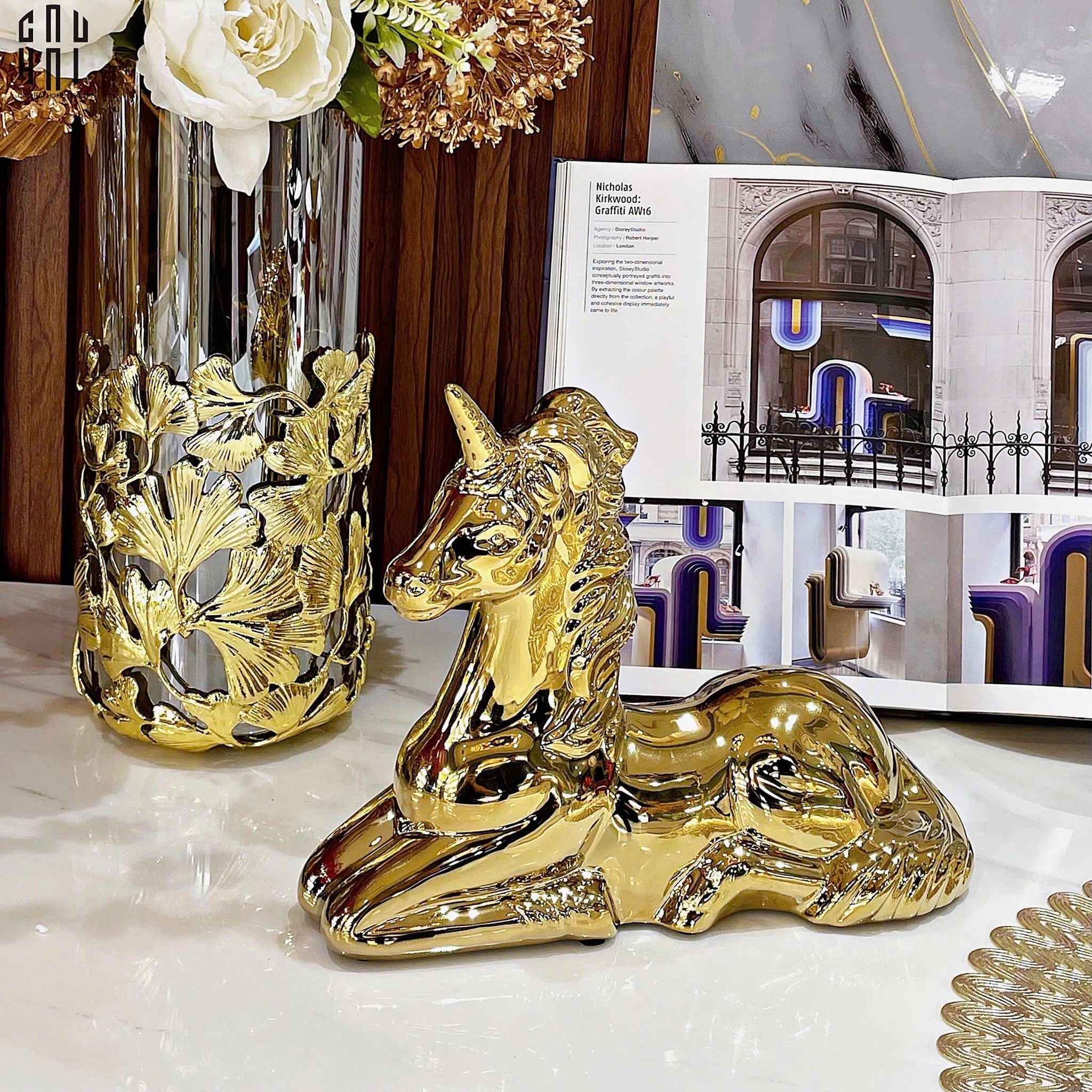 TƯỢNG TRANG TRÍ GOLDEN LAYING UNICORN SS25-CẬU HAI HOME DECOR