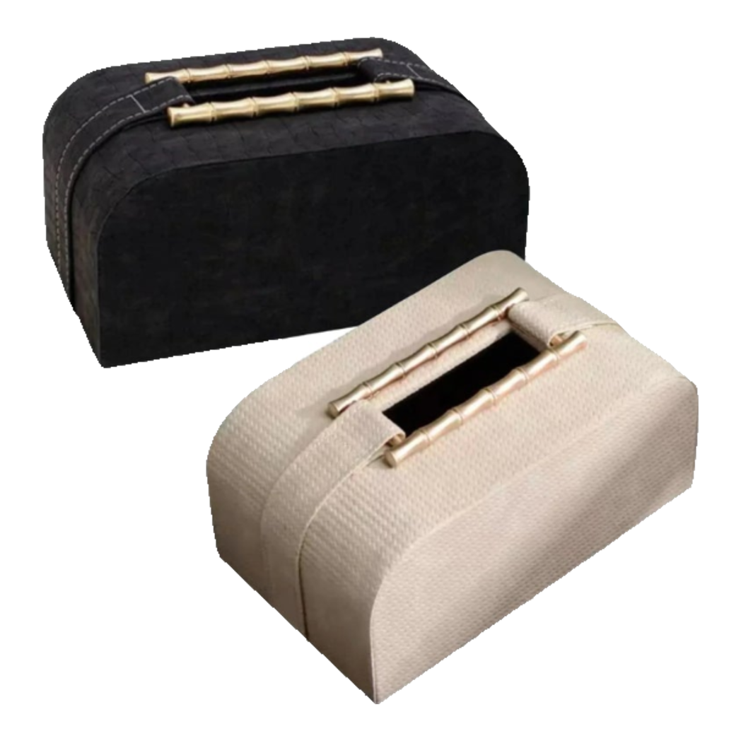 Maison Couture - Bamboo Signature Saddles Premium Leather Wrapped Oak Tissue Box - Savoir / Ivoire 22x13