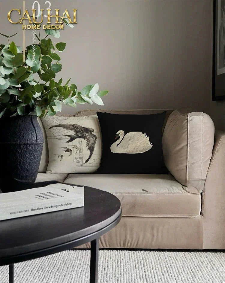 Vỏ Gối Canvas Fiber Savoir Swan 45-CẬU HAI HOME DECOR