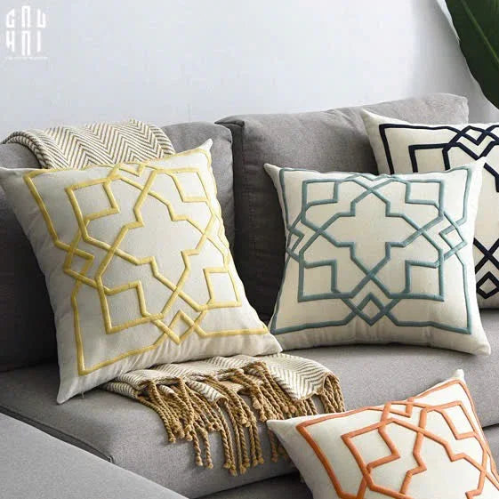 Vỏ Gối Canvas Thêu 3D Mustard Lattice Trellis 45-CẬU HAI HOME DECOR
