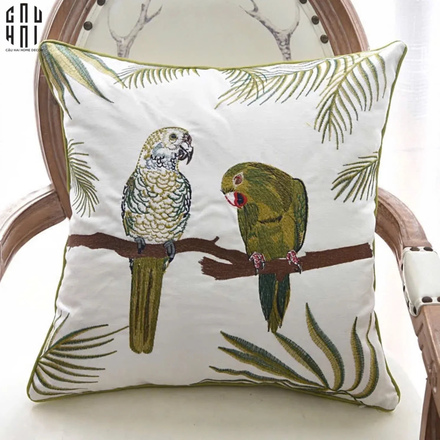 Vỏ Gối Canvas Thêu Tropical Harmony Lovebird 45-CẬU HAI HOME DECOR