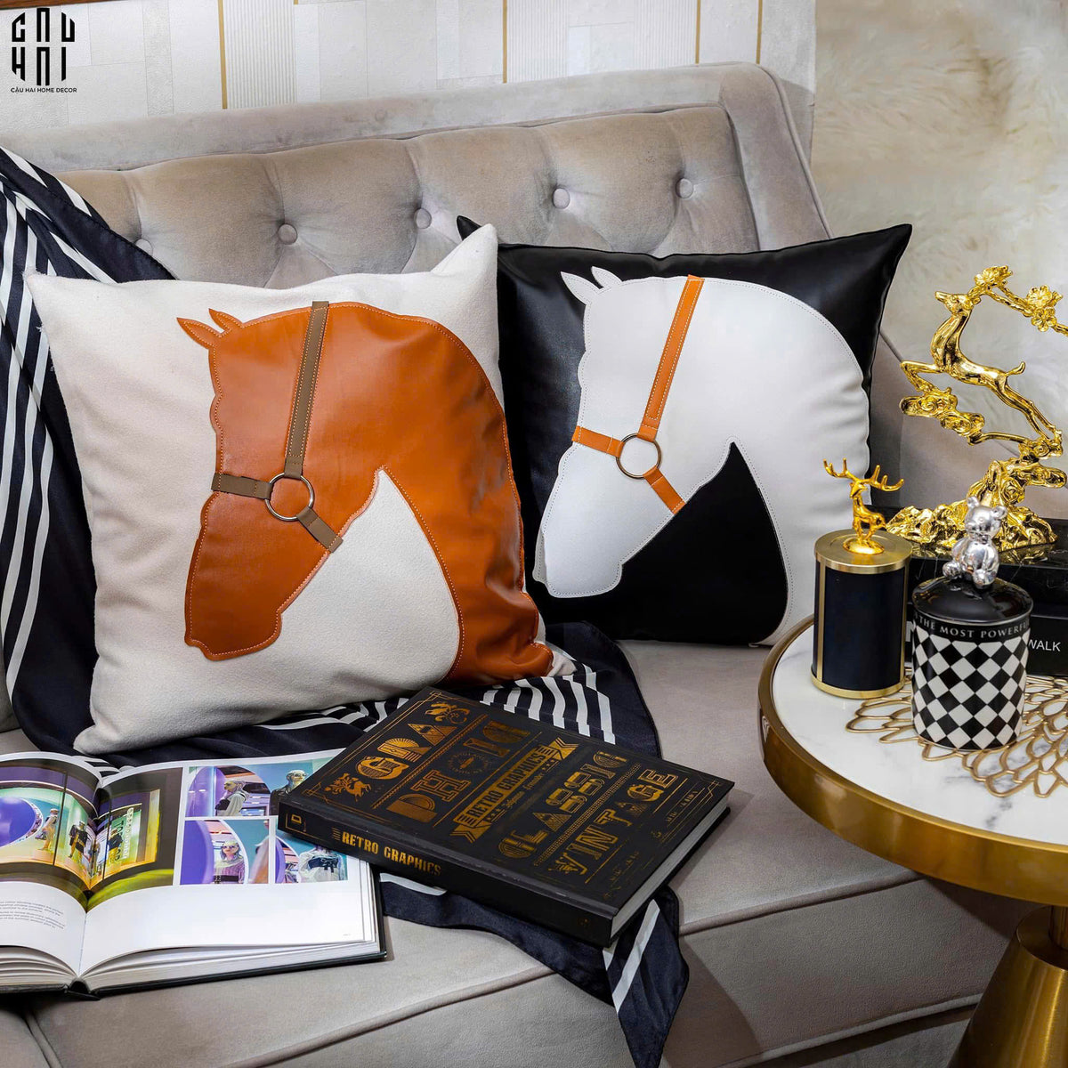 Vỏ Gối Da Équestre Blanc Sur Noir 40 Up-VỎ GỐI-Đối tác tại Trung Quốc theo từng đơn đặt hàng-CẬU HAI HOME DECOR