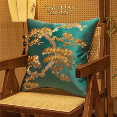 Vỏ Gối Lụa Thêu Chỉ Vàng Lục Tùng Bách-CẬU HAI HOME DECOR