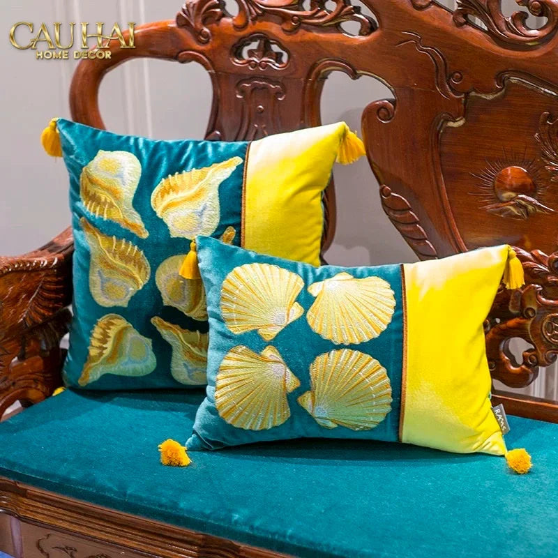 Vỏ Gối Lụa Thêu Velvet Scallop Raised Silk Embroidered Cushion 45-CẬU HAI HOME DECOR