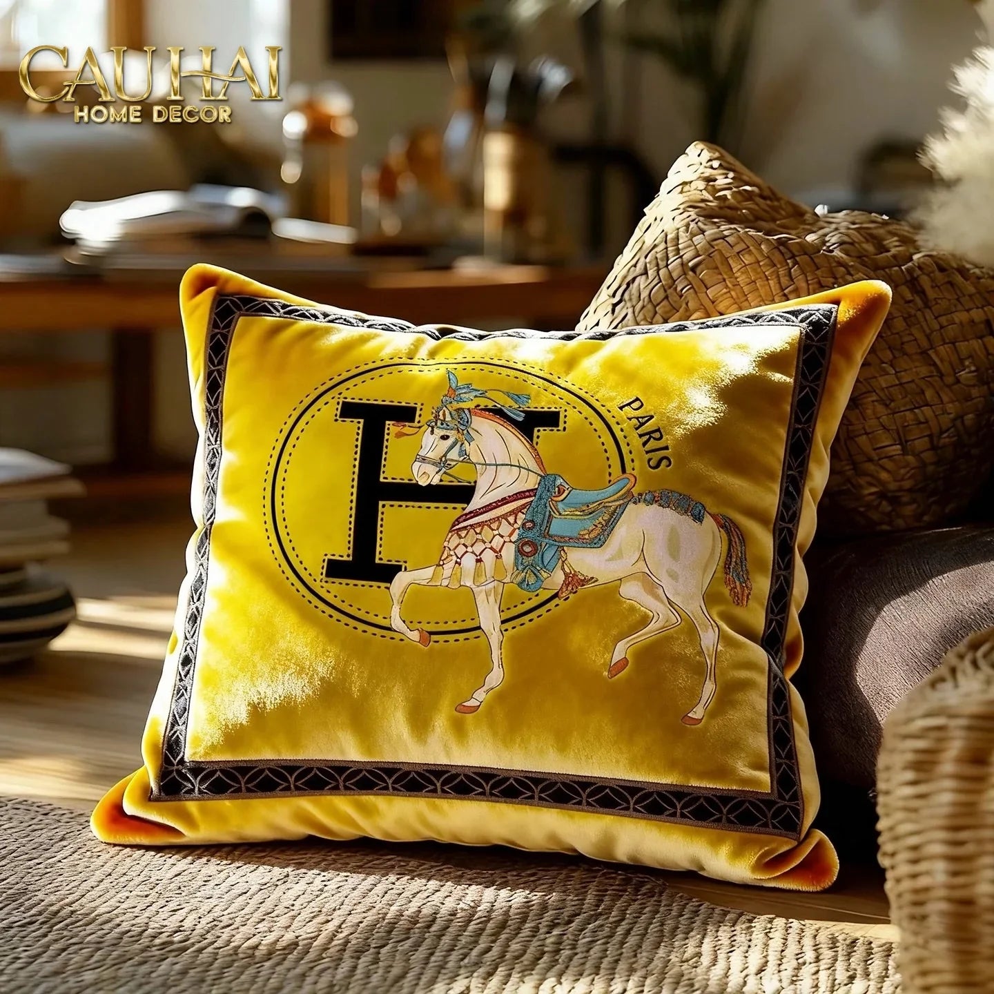 Vỏ Gối Nhung Cheval de Fetes Voyages Signature H 45-CẬU HAI HOME DECOR