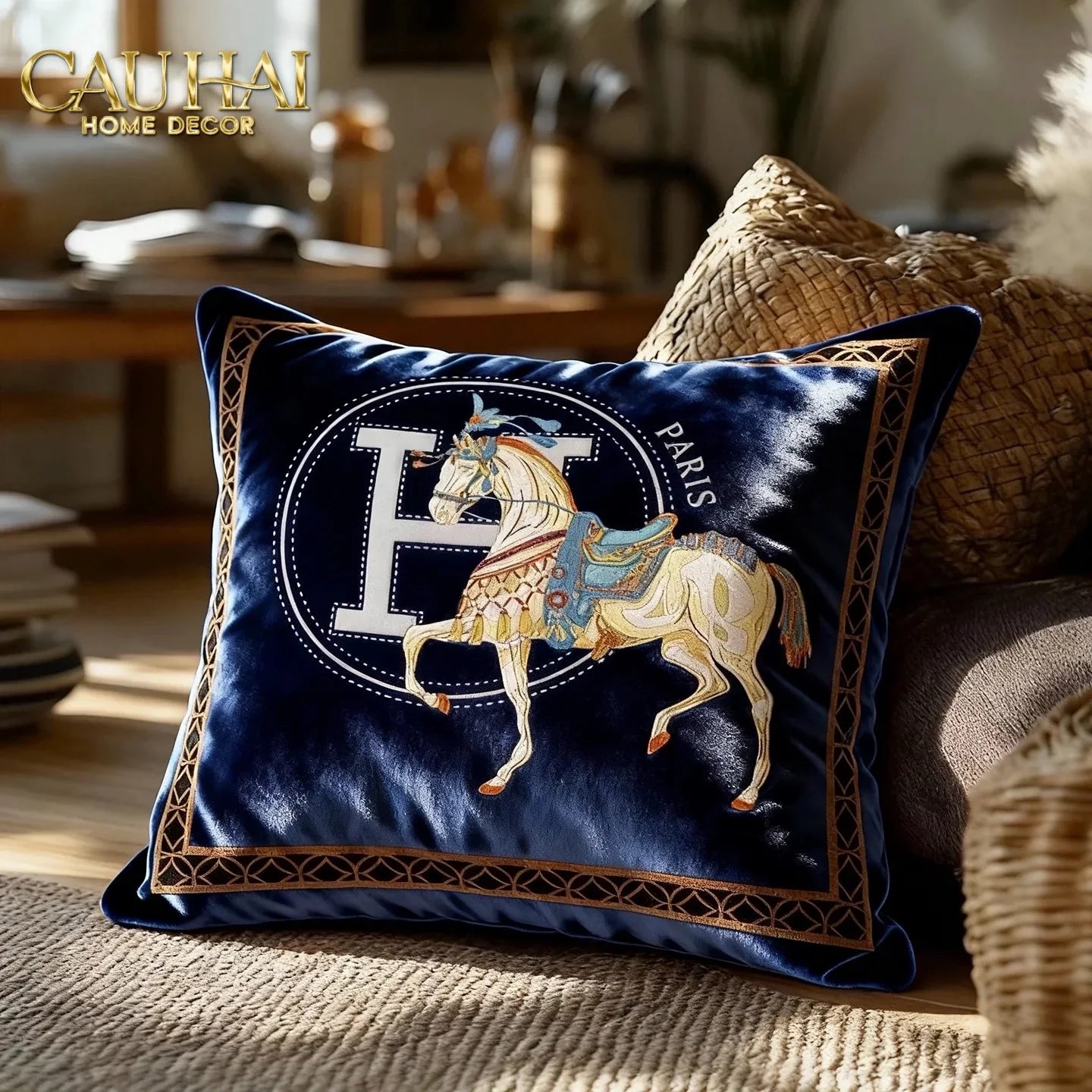 Vỏ Gối Nhung Cheval de Fetes Voyages Signature H 45-CẬU HAI HOME DECOR