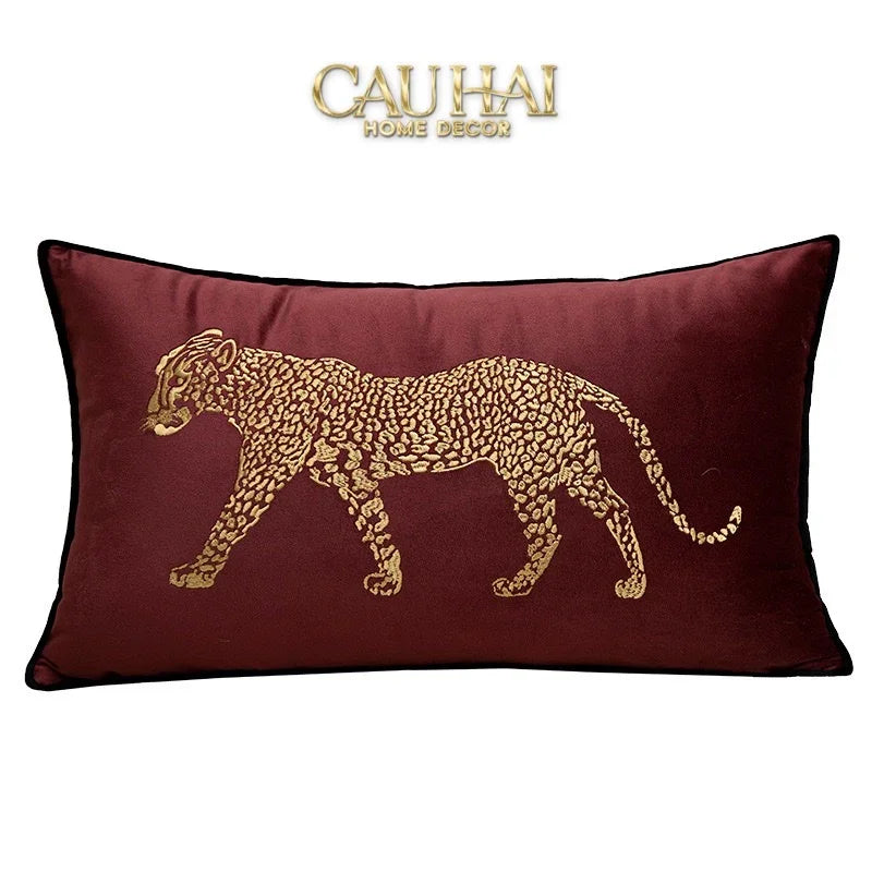 Vỏ Gối Nhung Đỏ Báo Đốm Burgundy Panther Écartier 45-CẬU HAI HOME DECOR