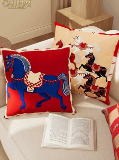 Vỏ Gối Nhung Équestre Cheval Bleu Royal Divin 45-CẬU HAI HOME DECOR