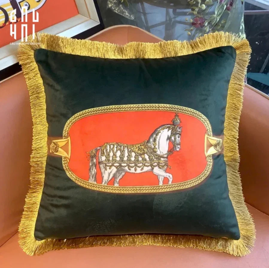 Vỏ Gối Nhung Équestre Émeraude Cheval 45.-CẬU HAI HOME DECOR