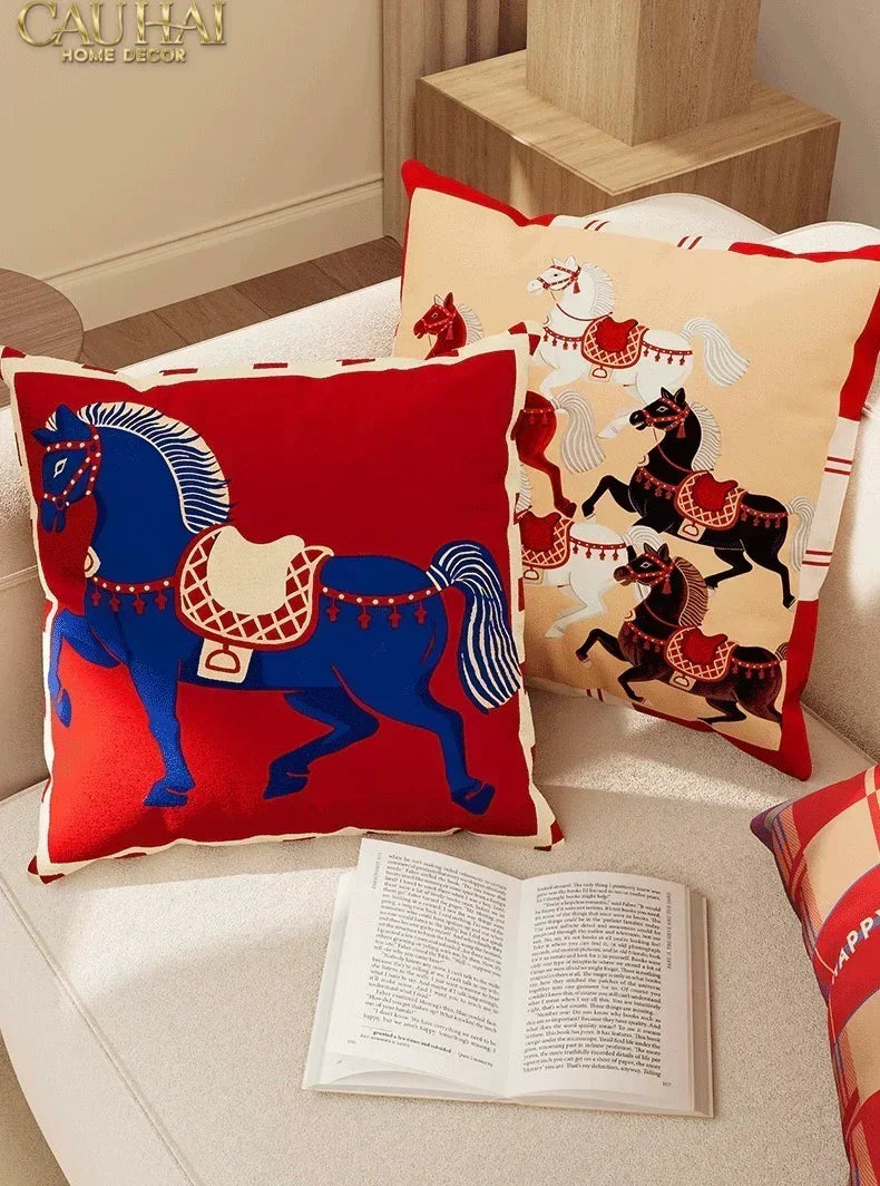 Vỏ Gối Nhung Équestre Cheval Bleu Royal Divin 45-VỎ GỐI-CẬU HAI HOME DECOR