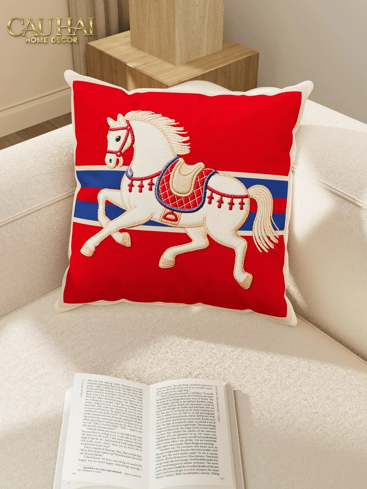 Vỏ Gối Nhung Équestre Cheval Bleu Royal Divin 45-VỎ GỐI-CẬU HAI HOME DECOR