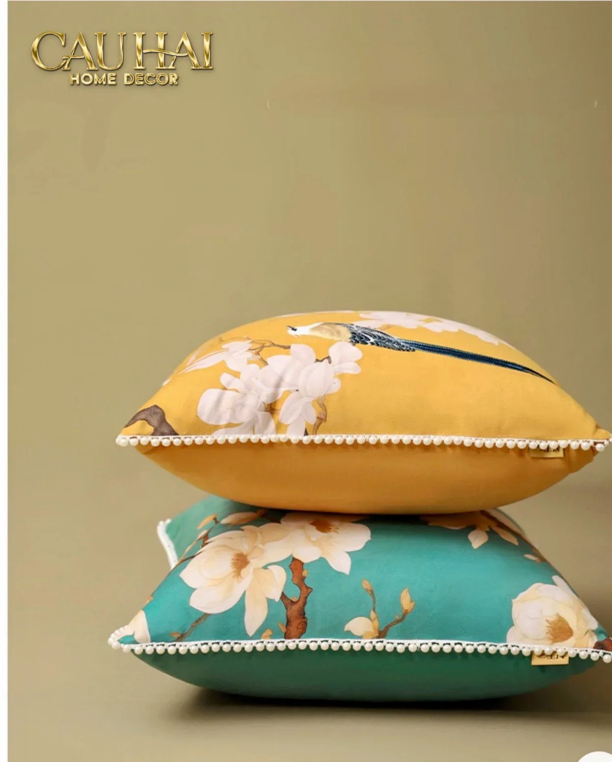 Vỏ Gối Nhung Hoa Thêu Viền Ngọc Trai - Dynasty Peony White Pearl 50-CẬU HAI HOME DECOR
