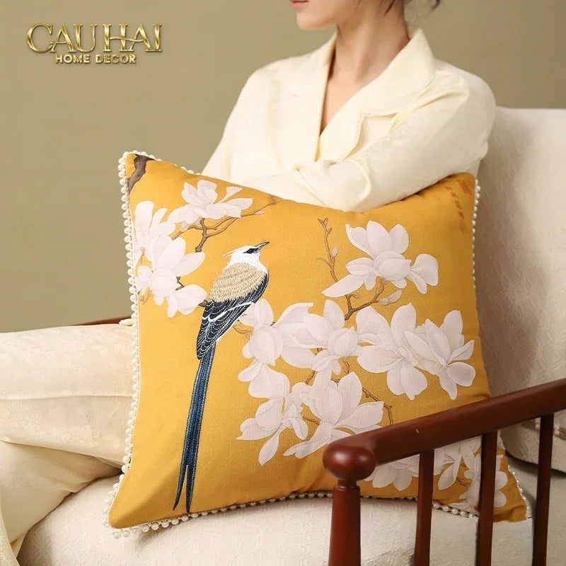 Vỏ Gối Nhung Hoa Thêu Viền Ngọc Trai - Dynasty Peony White Pearl 50-CẬU HAI HOME DECOR