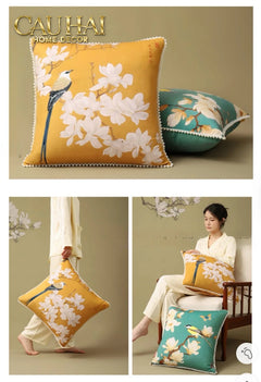 Vỏ Gối Nhung Hoa Thêu Viền Ngọc Trai - Dynasty Peony White Pearl 50-CẬU HAI HOME DECOR