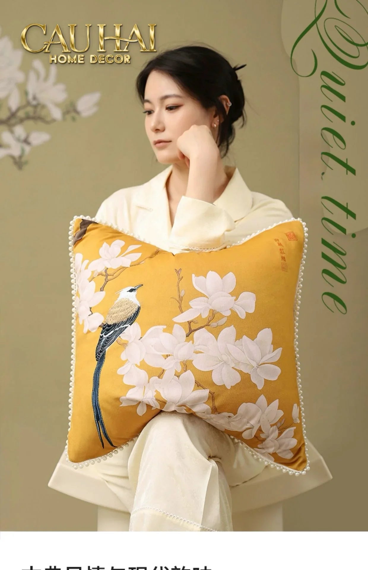 Vỏ Gối Nhung Hoa Thêu Viền Ngọc Trai - Dynasty Peony White Pearl 50-CẬU HAI HOME DECOR
