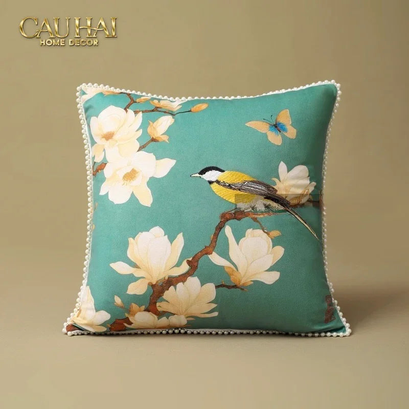 Vỏ Gối Nhung Hoa Thêu Viền Ngọc Trai - Dynasty Peony White Pearl 50-CẬU HAI HOME DECOR
