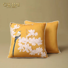 Vỏ Gối Nhung Hoa Thêu Viền Ngọc Trai - Dynasty Peony White Pearl 50-CẬU HAI HOME DECOR