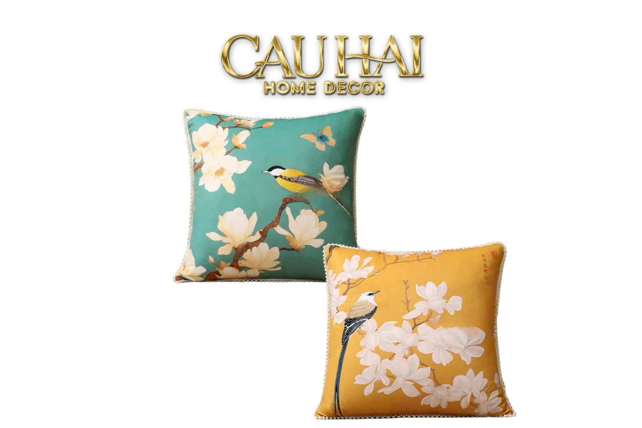 Vỏ Gối Nhung Hoa Thêu Viền Ngọc Trai - Dynasty Peony White Pearl 50-CẬU HAI HOME DECOR