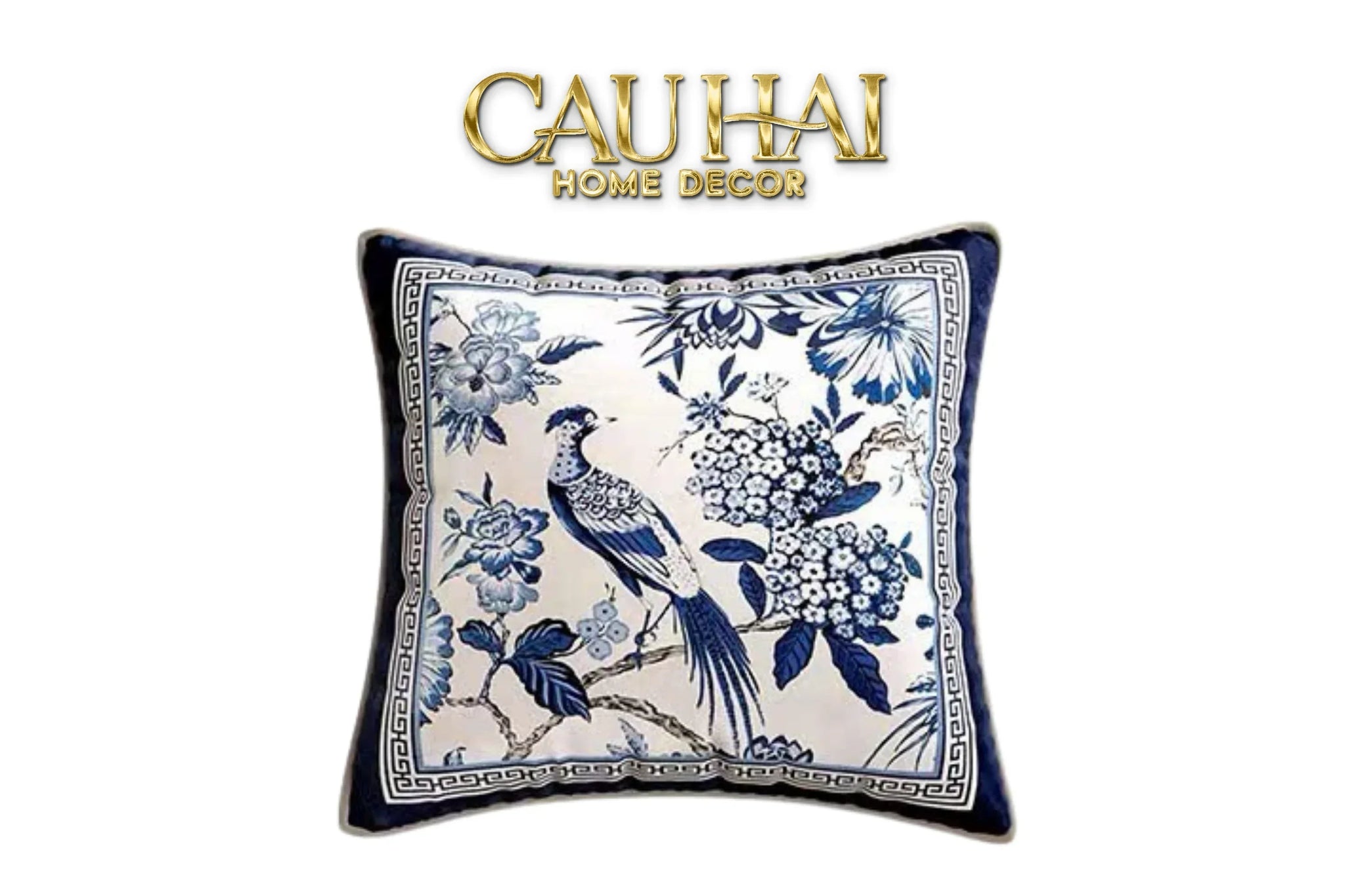 Vỏ Gối Nhung Indochine Oriental indigo Bloom Art 45-CẬU HAI HOME DECOR