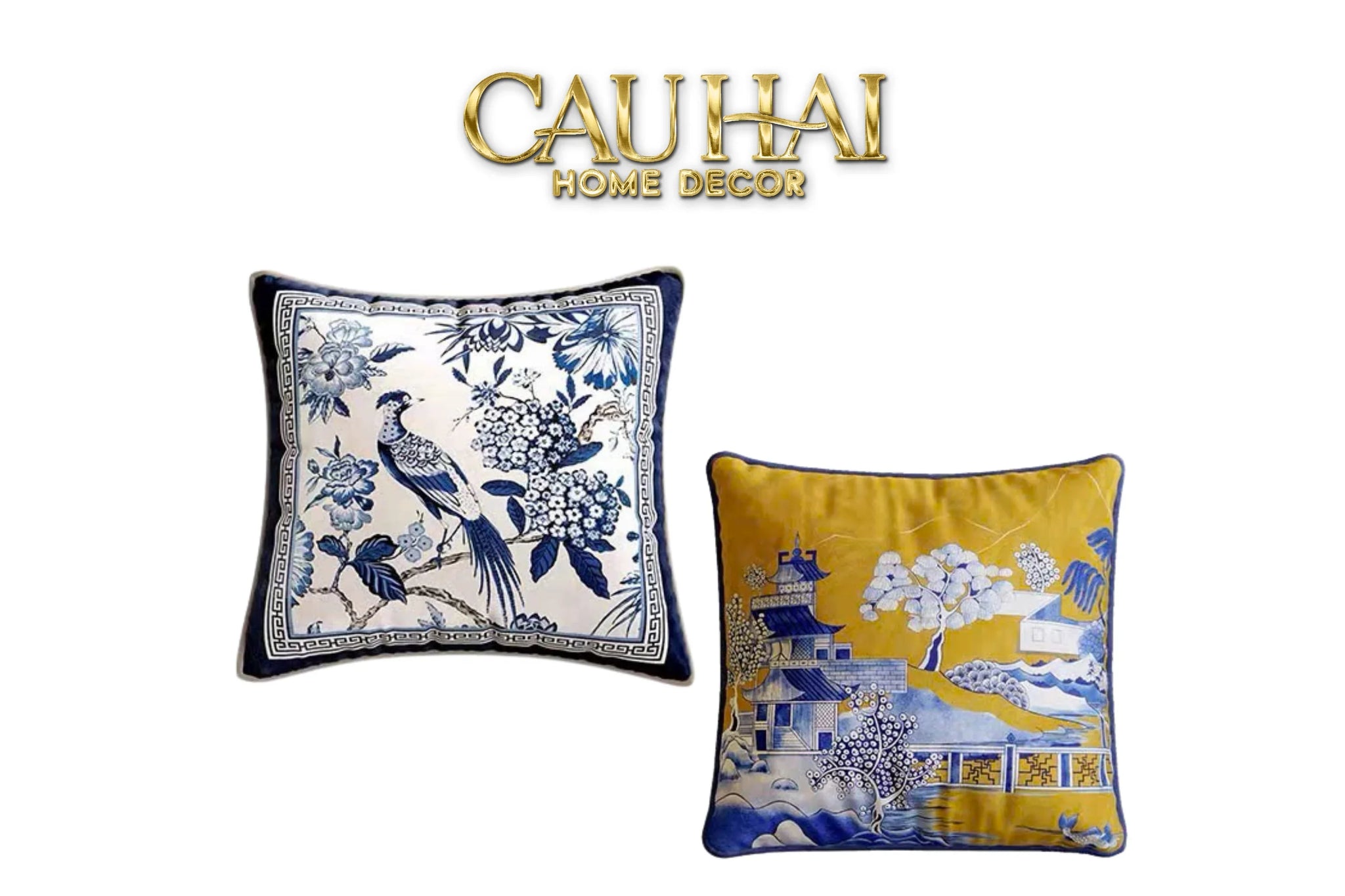 Vỏ Gối Nhung Indochine Oriental indigo Bloom Art 45-CẬU HAI HOME DECOR