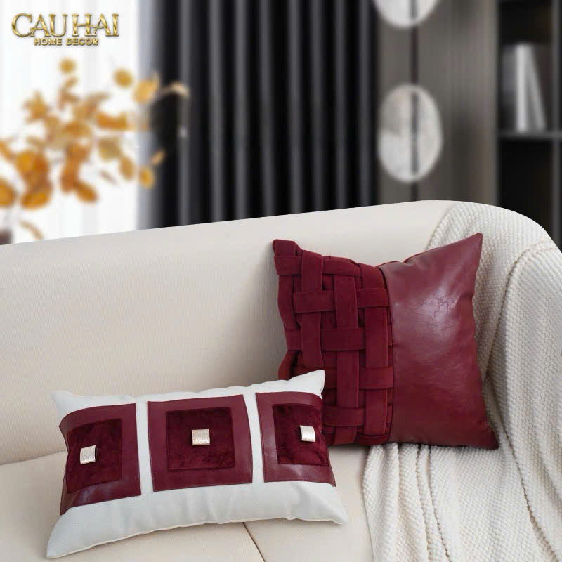 VỎ GỐI NHUNG LEATHER BORDEAUX WOVEN MISTLETOE 45-CẬU HAI HOME DECOR