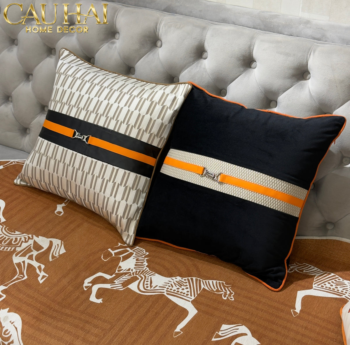 Vỏ Gối Nhung Phối Da Sellier Noir Saddle 45x45-VỎ GỐI SOFA-CẬU HAI HOME DECOR-CẬU HAI HOME DECOR