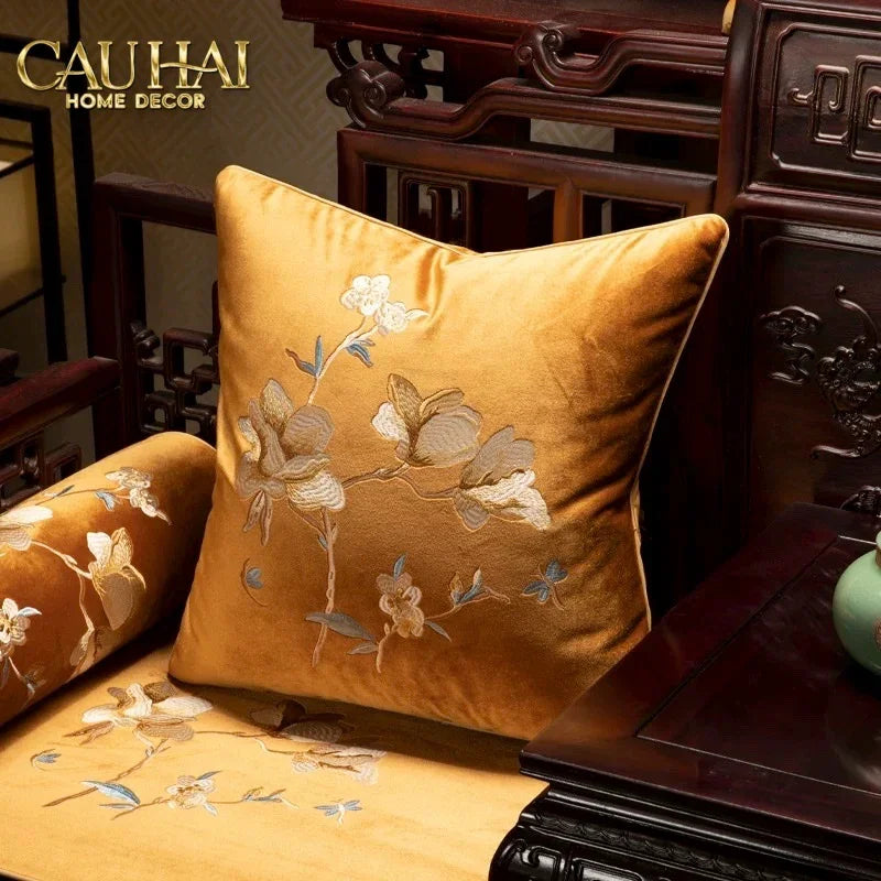 Vỏ Gối Nhung Thêu Mộc Lan Hoa 45x45-CẬU HAI HOME DECOR