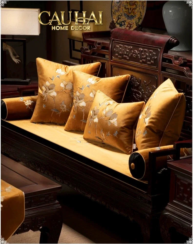 Vỏ Gối Nhung Thêu Mộc Lan Hoa 45x45-CẬU HAI HOME DECOR