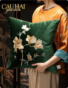Vỏ Gối Nhung Thêu Mộc Lan Hoa 45x45-CẬU HAI HOME DECOR