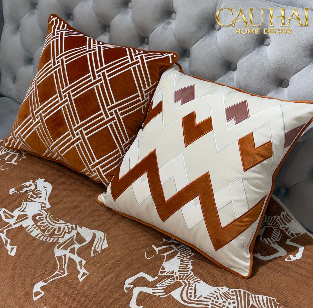 Vỏ Gối Nhung Treillage Sienna 45x45-Gối Trang Trí-CẬU HAI HOME DECOR-CẬU HAI HOME DECOR