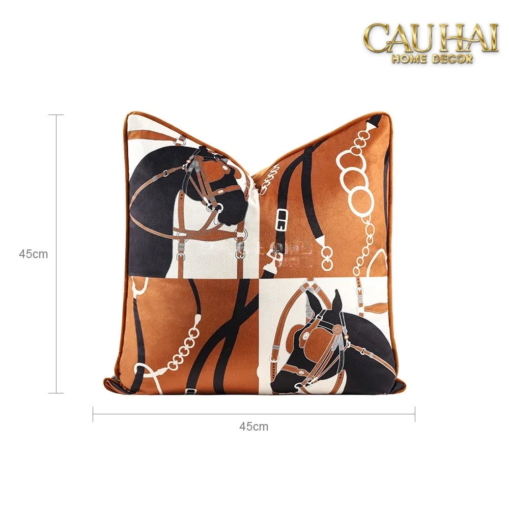 Vỏ Gối Nhung Triptyque Équestre Moderne - Cognac Brun 45-CẬU HAI HOME DECOR
