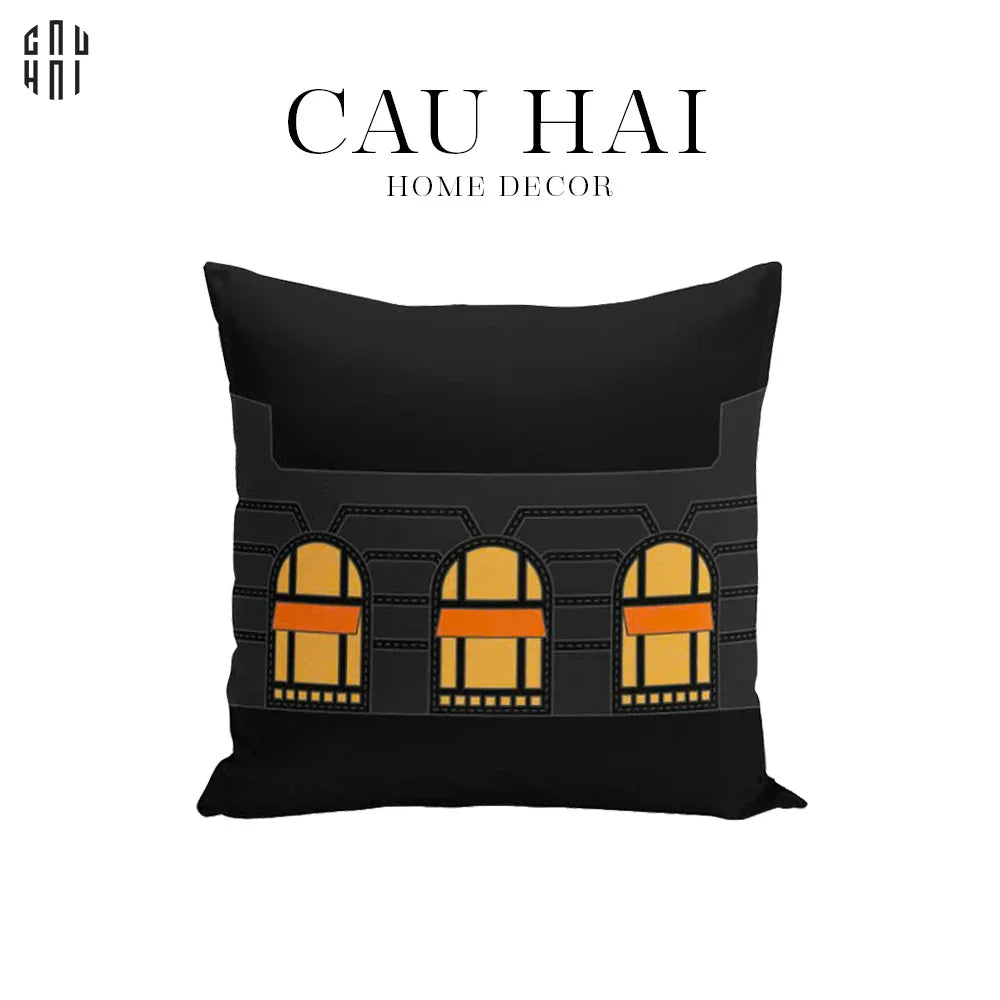 VỎ GỐI CANVAS FAUBOURG MULTI DOORS - BLACK JAUNE 45.-CẬU HAI HOME DECOR