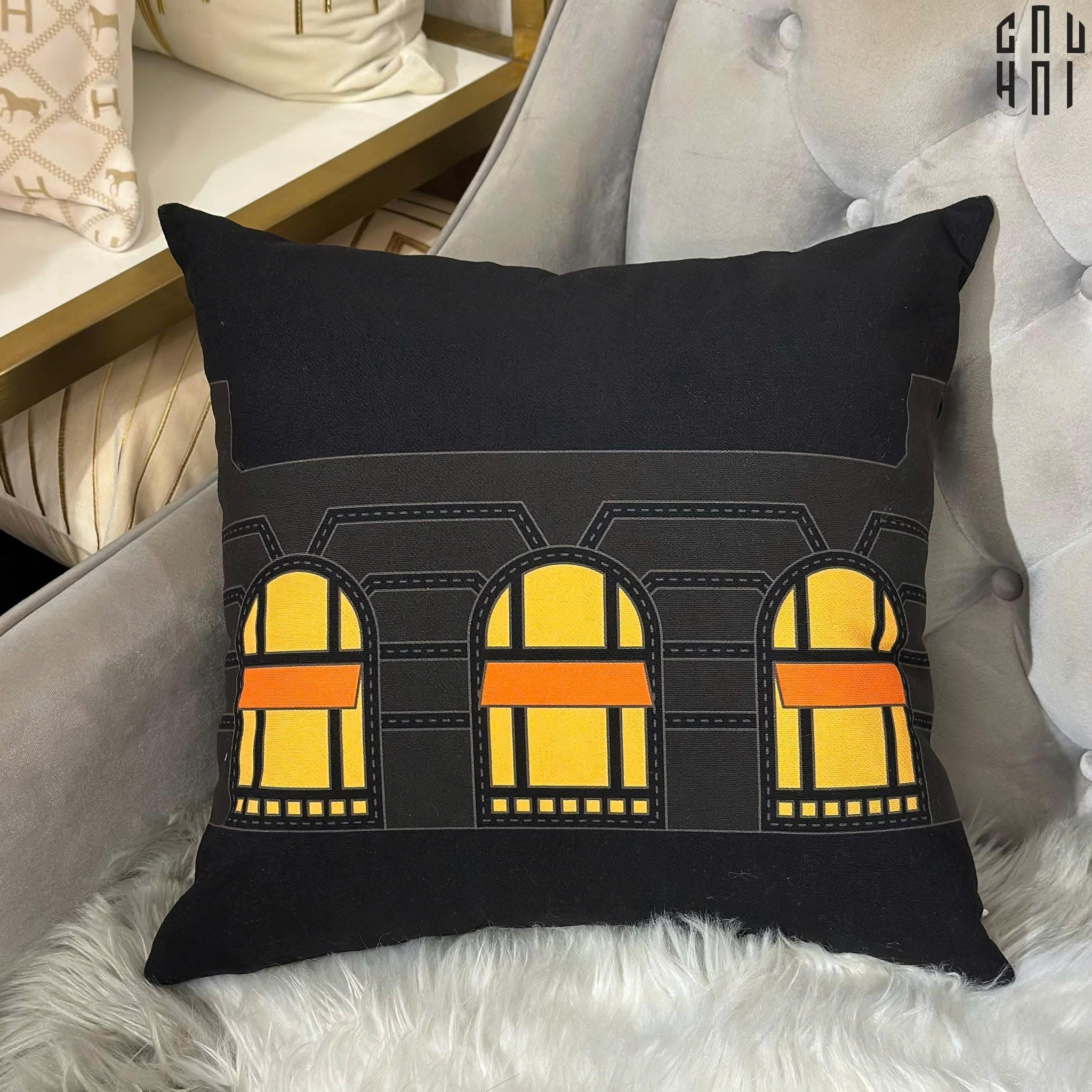 VỎ GỐI CANVAS FAUBOURG MULTI DOORS - BLACK JAUNE 45.-CẬU HAI HOME DECOR