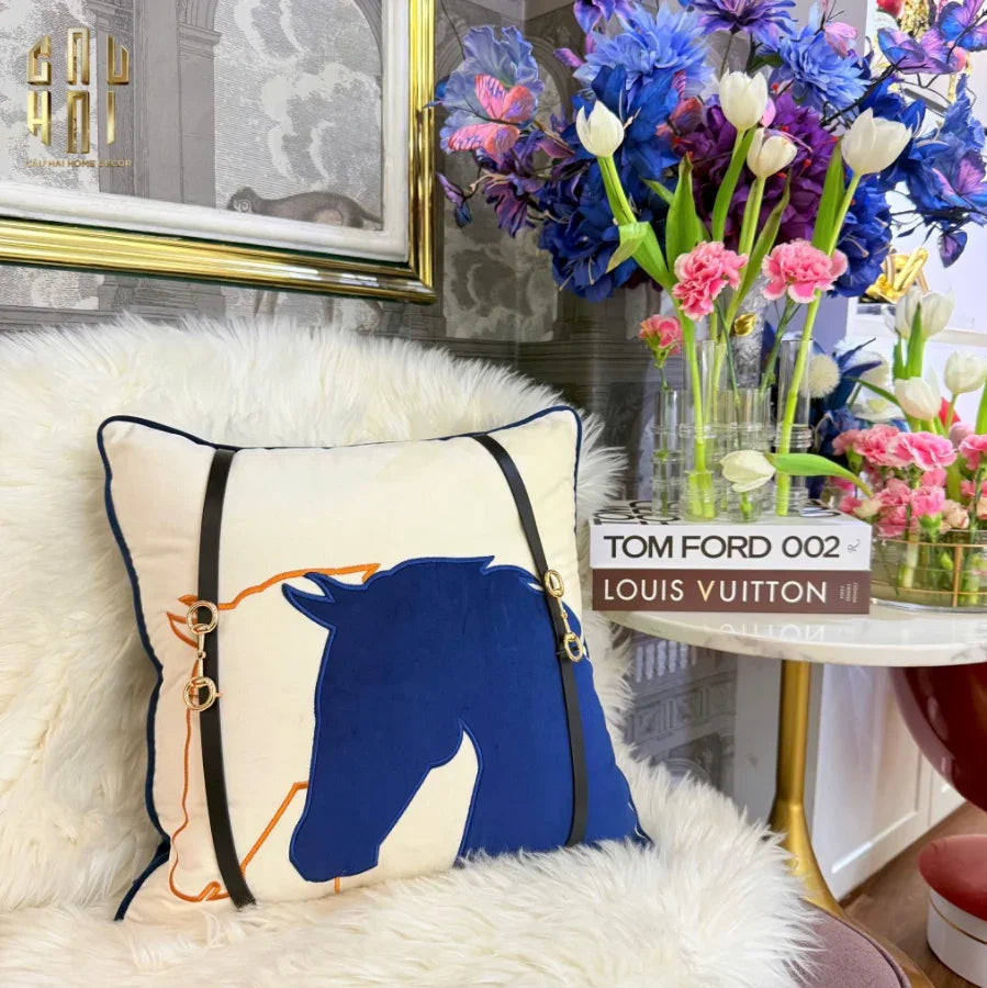 VỎ GỐI SOFA NHUNG ÉQUESTRE BLEU BELT 45-CẬU HAI HOME DECOR